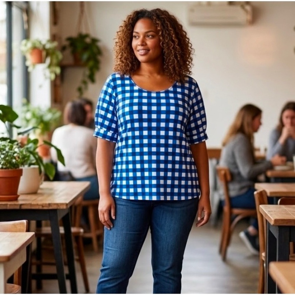 Cato Est. 1946 Blue White Gingham Check Puff Sleeve Scoop Neck Top Women's XL